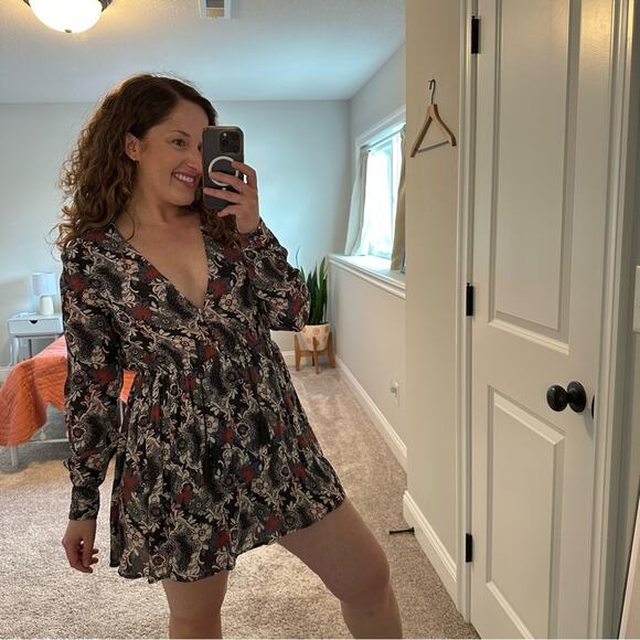 Free People Black Floral Tassel Long Sleeve Mini Dress Medium - Picture 2 of 13